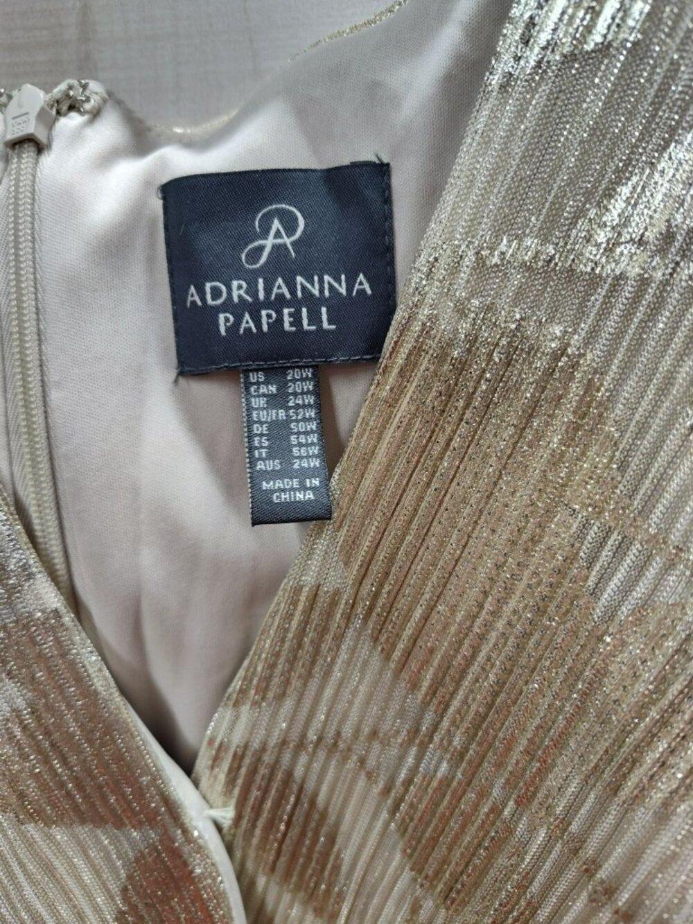 Adrianna Papell Champagne Gold Foil Leaf V-Neck Surplice Draped Gown, Size 20W - Picture 5 of 14